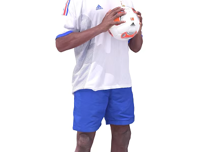 A Man Wearing White Jersey With Blue Sleeves And Blue Shorts Holding Soccer Ball 3d model