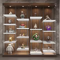 Multi Tiered Wooden Display Shelf with White Shelves Showcasing Decorative Figurines Lighting Against Grey Wall