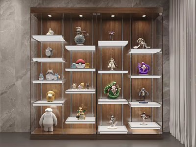 Multi Tiered Wooden Display Shelf with White Shelves Showcasing Decorative Figurines Lighting Against Grey Wall 3d model