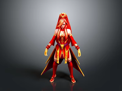 Fantasy Female Character In Red And Gold Ornate Costume With Long Hair Design 3d model