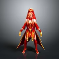 Fantasy Female Character In Red And Gold Ornate Costume With Long Hair Design