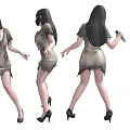 Zombie Woman in Tattered Dress with Mask and Long Hair Holding Knife from Multiple Angles