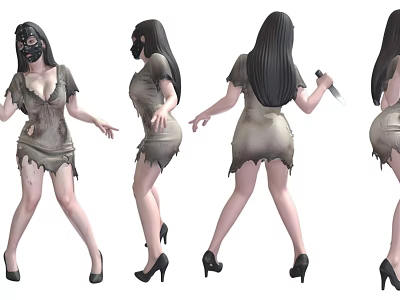 Zombie Woman in Tattered Dress with Mask and Long Hair Holding Knife from Multiple Angles 3d model