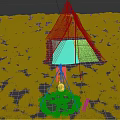 Open Door Tent with Campfire Stone Circle and Checkered Blanket in Grassy Field