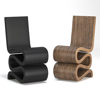 Modern Curved Accent Chairs with Black Finish and Wooden Grain Design 3d model