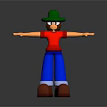 3D Character Wearing Green Hat Red Shirt Blue Pants Arms Outstretched On Gray Background With Reflection