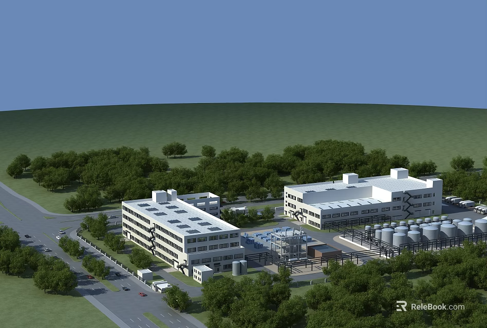 Modern Industrial Factory Buildings with White Roofs Green Trees and Storage Tanks 3d model 