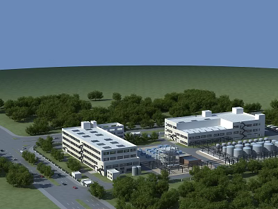 Modern Industrial Factory Buildings with White Roofs Green Trees and Storage Tanks 3d model