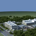 Modern Industrial Factory Buildings with White Roofs Green Trees and Storage Tanks