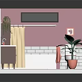 Bathroom Interior With Pink Walls And White Tiles Vanity Mirror Bathtub Toilet And Potted Plant