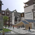 Traditional Chinese Style Commercial Street With Ancient Architecture Pedestrians And Shopfronts