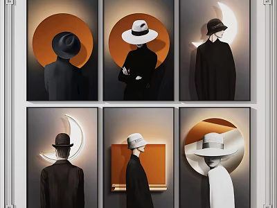 Minimalist Portrait Paintings of People in Hats with Circular Crescent Light and Modern Style 3d model