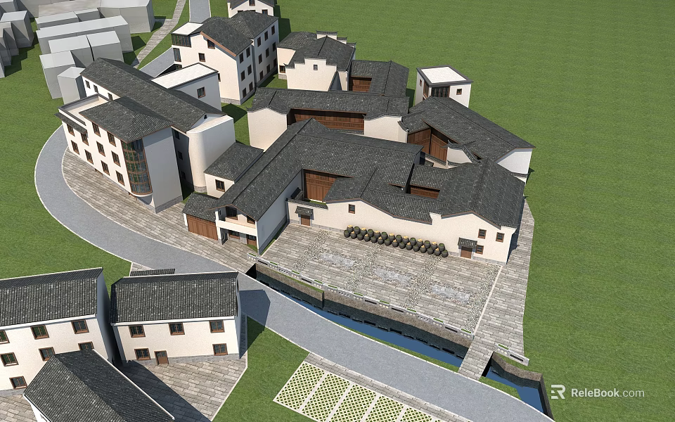 Traditional Village Architectural Design With Slate Roofs Stone Paths And Greenery 3d model 