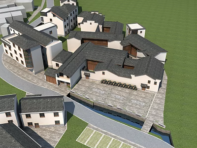 Traditional Village Architectural Design With Slate Roofs Stone Paths And Greenery 3d model