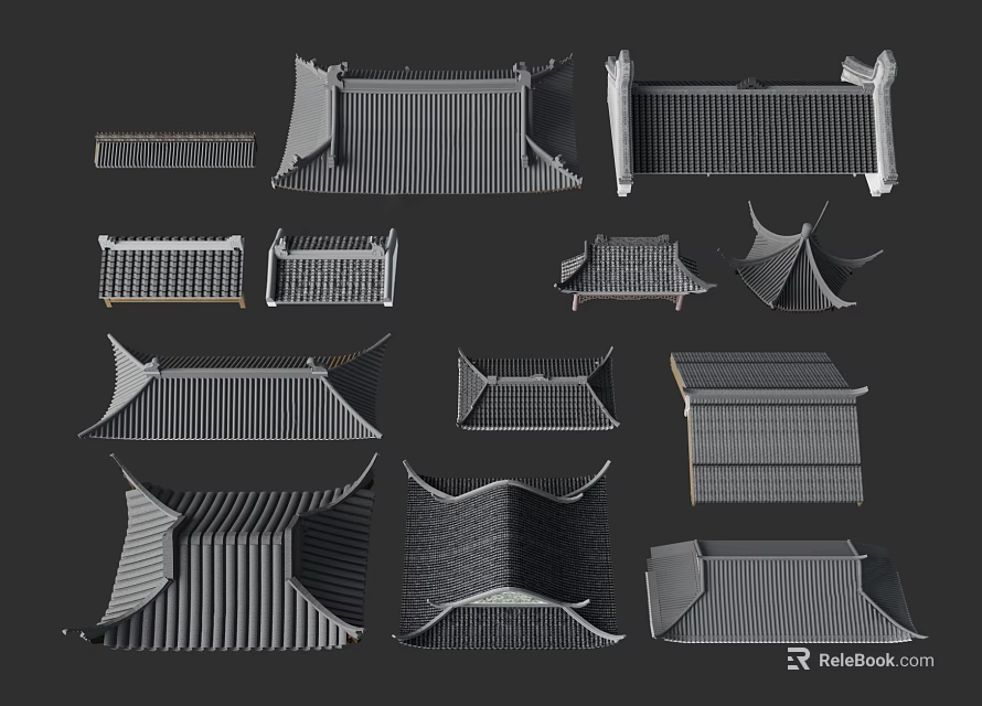 Traditional Architectural Roof Styles Featuring Various Tiled Designs And Eaves 3d model 