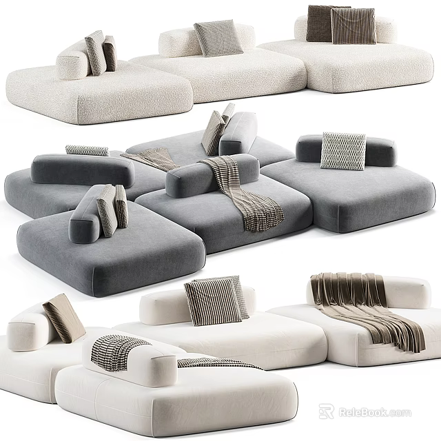 Modern Sectional Sofa in Neutral Tones with Pillows and Cozy Throws for Comfort 3d model 