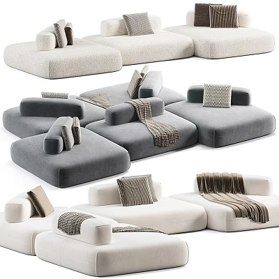 Modern Sectional Sofa in Neutral Tones with Pillows and Cozy Throws for Comfort 3d model