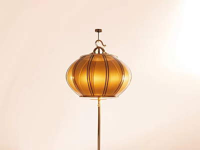 Golden Striped Lantern With Warm Light On Floor Standing Pole In Soft Background 3d model