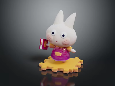 Game and Movie Cartoon Rabbit Character Wearing Purple Overalls Holding Red Book on Yellow Base 3d model