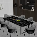 Modern Restaurant Interior With Black Marble Dining Table Gray Chairs And Pendant Lights