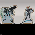 Anime Character Acrylic Stands With Mechanical And Male Figure Designs On Shiny Black Bases