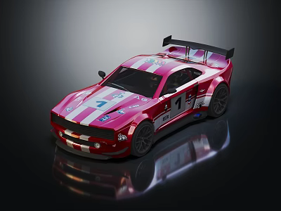 Pink And White Striped Race Car With Rear Spoiler Numbers 4 And 1 On Body 3d model