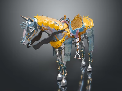 Ornate Decorative Horse Sculpture With Yellow Blue And Silver Artistic Details 3d model