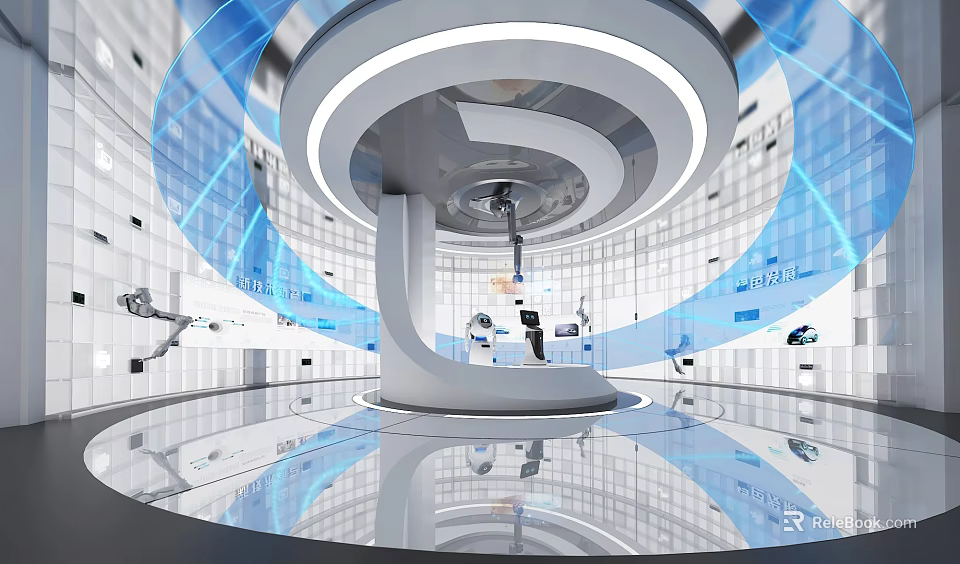 Modern Futuristic Exhibition Hall With Circular Platform Blue Lighting And Smart Devices 3d model 