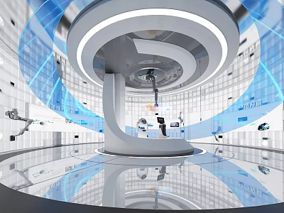 Modern Futuristic Exhibition Hall With Circular Platform Blue Lighting And Smart Devices 3d model