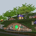 Hobbit Style Detached Villa With Green Grass Roof Mushroom Decorations Surrounded By Trees And Lawn