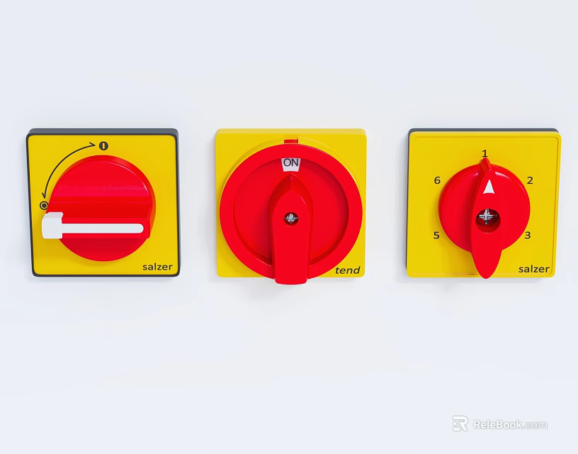 Three Yellow Electrical Switch Panels with Red Knob Designs by Sattler 3d model