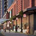 Red Brick Commercial Building With Glass Windows And Outdoor Umbrellas Near Tall Buildings