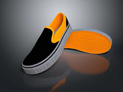 Casual Canvas Slip On Shoes Black Upper Yellow Collar And Orange Textured Sole 3d model
