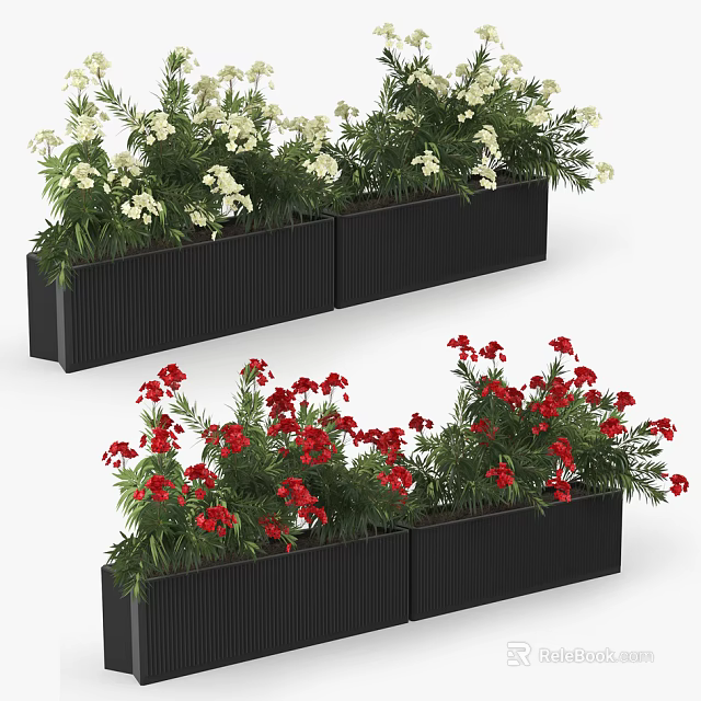 Modern Black Rectangular Garden Planters With White And Red Flowers 3d model 