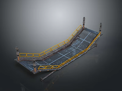 Industrial Metal Ramp Structure With Yellow Railings And Grid Platform Surface 3d model