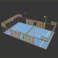 Indoor Sports Court Design With Blue Surface White Lines Red Borders Fencing And Lighting Poles