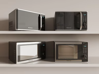 Four Stylish Microwaves on Shelves as Modern Kitchen Appliances 3d model