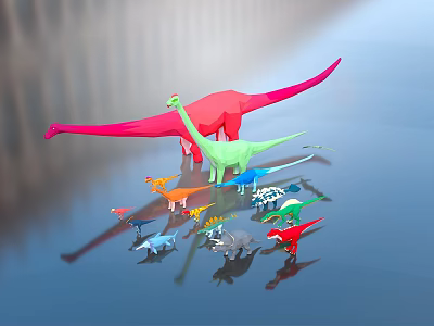 Colorful Reptile Dinosaur Models In Various Sizes On Smooth Surface With Reflections 3d model