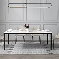 Modern Dining Table Set with Beige Chairs Rectangular Table Hanging Pendant Light Geometric Pattern Rug Gray Paneled Wall 3d model