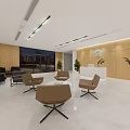 Modern Office Reception Area With Sofa Chairs Plants Wooden Wall And TV Screen