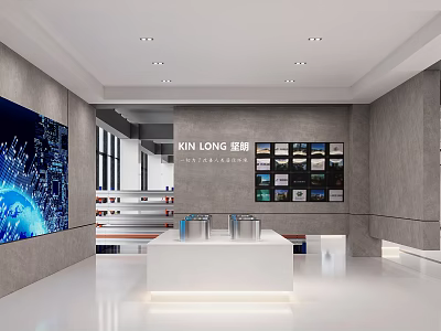 KIN LONG Exhibition Hall Interior With Large Digital Screen And Display Cabinets 3d model