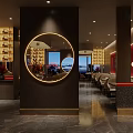 Elegant Restaurant Interior With Dining Tables Chairs Wall Art Decorative Plants And Pendant Lights