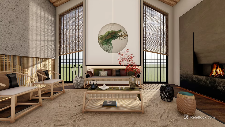 Chinese Zen Living Room Interior With Bamboo Furniture Round Decorative Painting And Bamboo Blinds 3d model 