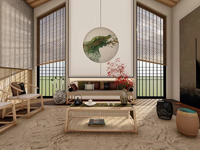 Chinese Zen Living Room Interior With Bamboo Furniture Round Decorative Painting And Bamboo Blinds 3d model