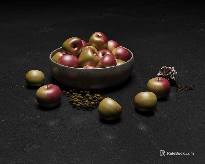 Ripe Red and Green Apples in Metal Bowl with Scattered Fruits on Black Background 3d model 