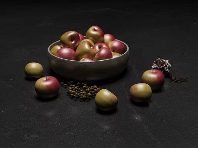 Ripe Red and Green Apples in Metal Bowl with Scattered Fruits on Black Background 3d model