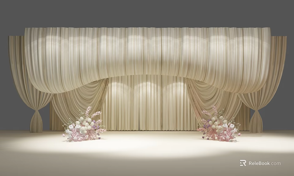 Elegant Wedding Stage With Beige Draped Curtains And Floral Arrangements 3d model 