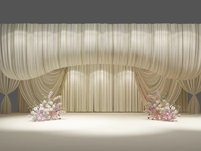 Elegant Wedding Stage With Beige Draped Curtains And Floral Arrangements 3d model