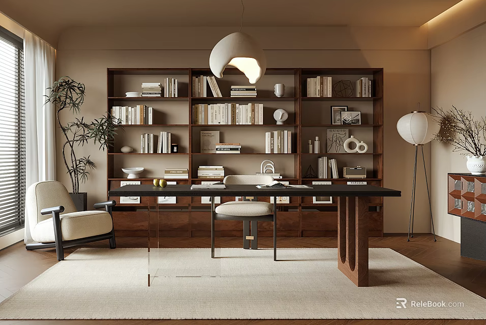 Modern Study Room Interior Design With Wooden Bookshelves Black Desk White Pendant Light Beige Chair 3d model 