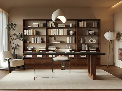 Modern Study Room Interior Design With Wooden Bookshelves Black Desk White Pendant Light Beige Chair 3d model
